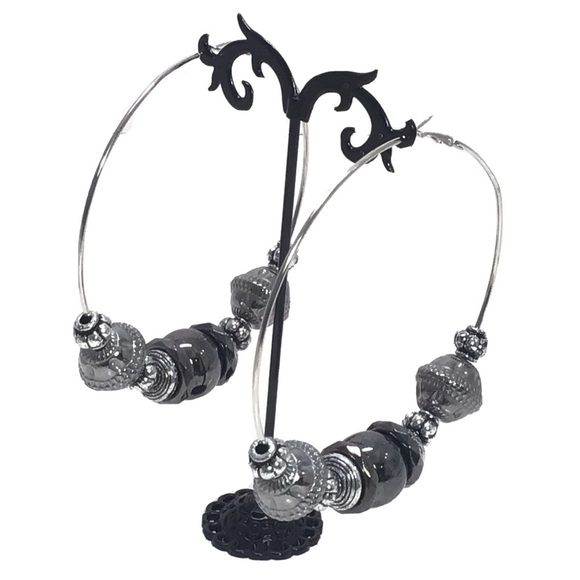 Large Silver Beaded Statement Hoop Earrings - Picture 1 of 7